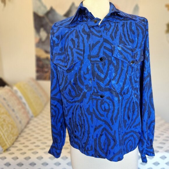 Francesca of Damon for Starington Silk Blouse – Blue/Black Abstract, Sz 6 - Picture 3 of 12